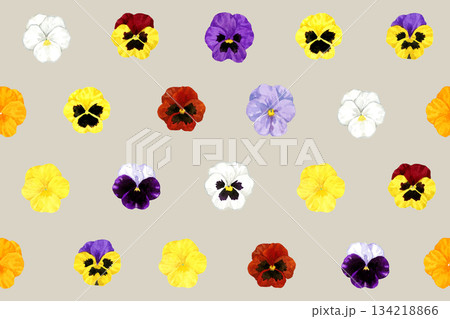 カラフルなパンジーのシームレスパターン　手描き水彩イラストの花柄 134218866