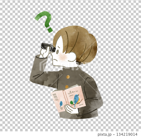 A male student who has something he doesn't understand while bird watching - watercolor A male student who has something he doesn't understand while bird watching - watercolor 134219014