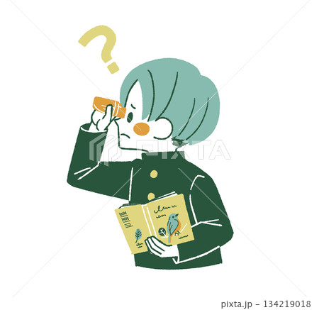 バードウォッチング中に分からないことがある男子学生-4色 134219018