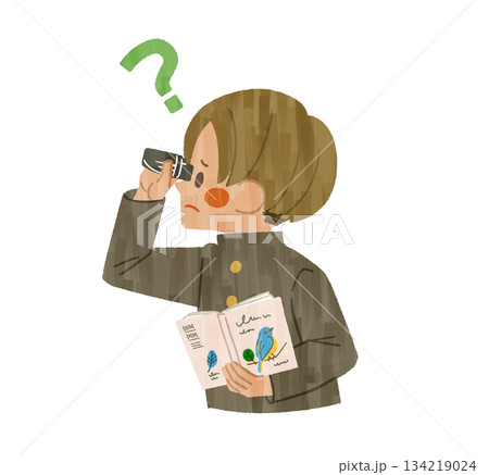 バードウォッチング中に分からないことがある男子学生-ガッシュ 134219024
