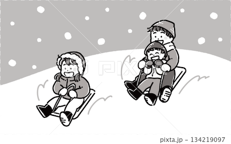 Monotone illustration of a boy and girl playing sled in the snow Monotone illustration of a boy and girl playing sled in the snow 134219097