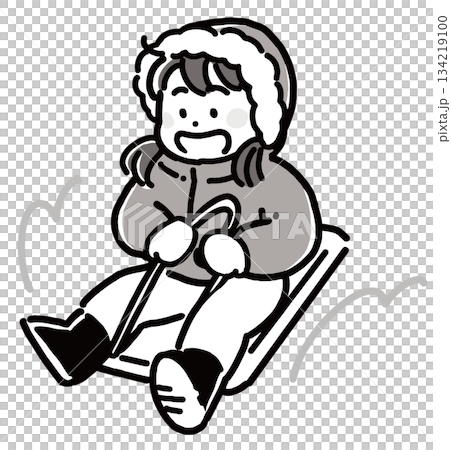 冬日里，一個女孩玩雪橇的單色插圖 134219100