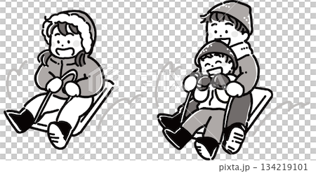 冬日里，一對男孩女孩玩雪橇的單色插圖 134219101