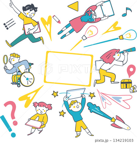 タブレット学習で冒険や探究する小学生の集合フレーム 多様な学びと未来を描く手書きイラスト タブレット学習で冒険や探究する小学生の集合フレーム 多様な学びと未来を描く手書きイラスト 134219103