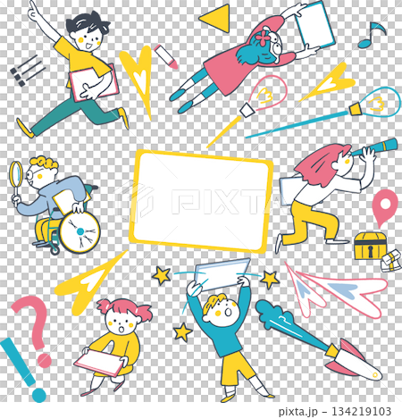 一幅描繪小學生使用平板電腦學習探索與冒險的畫面。手繪插圖展現了多元化的學習方式和未來圖像。 134219103