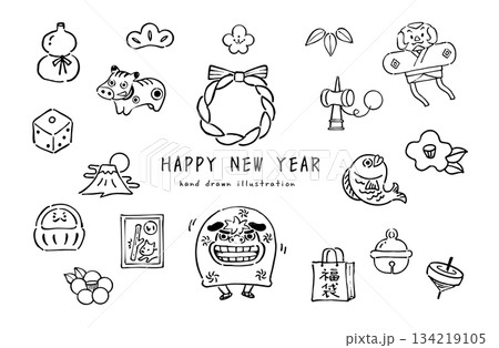 お正月イラストセット 手描きの縁起物と和風モチーフコレクション 134219105