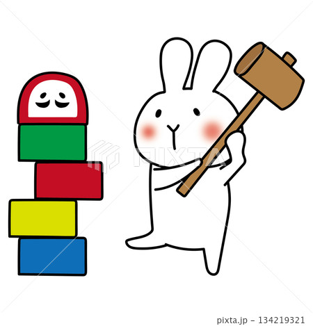 だるま落としで遊ぶ白いうさぎ だるま落としで遊ぶ白いうさぎ 134219321