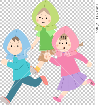 孩子們戴著防災帽奔跑 孩子們戴著防災帽奔跑 134219841