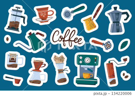 Flat cartoon vector illustrations, coffee making stickers set with grinder, coffee machine, cezve, french press, moka pot, cup, filter, beans and drip glass collection, cozy barista theme for cafe 134220006