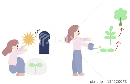過保護にして成長を阻む女性と、すくすく育てる女性のイラスト 134220078