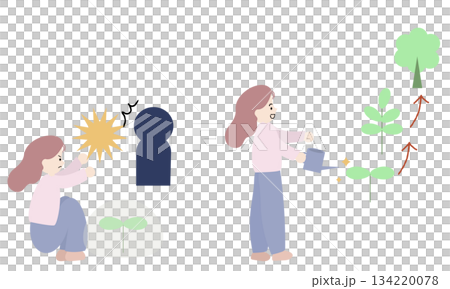 過保護にして成長を阻む女性と、すくすく育てる女性のイラスト 134220078