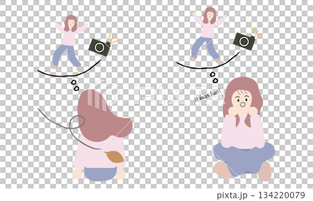 One woman looks back sadly on her memories, while the other looks back happily. 134220079