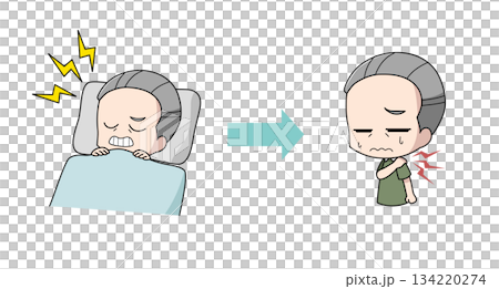 歯ぎしりが原因で肩がこる高齢男性のイラスト 134220274
