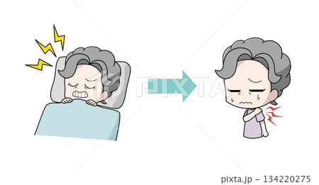歯ぎしりが原因で肩がこる高齢女性のイラスト 134220275