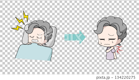 歯ぎしりが原因で肩がこる高齢女性のイラスト 134220275