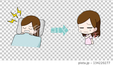 Illustration of a woman with stiff shoulders due to teeth grinding Illustration of a woman with stiff shoulders due to teeth grinding 134220277