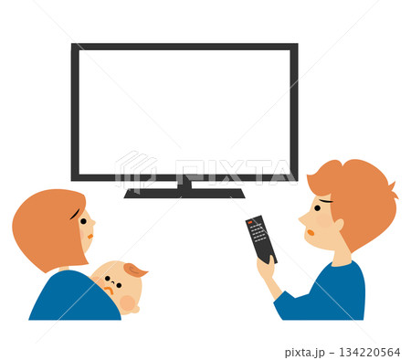 テレビ画面を見て驚く家族　イラスト素材 134220564