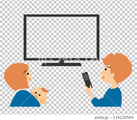 Family surprised by watching TV screen Illustration 134220564