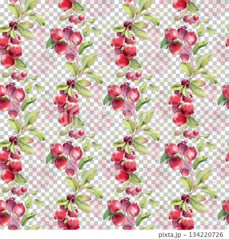 Lingonberry watercolor seamless pattern isolated on white. Hand drawn cranberry with green branches design for scrapbooking. Botanical ripe fruits background for textile, print, food, health concept. Lingonberry watercolor seamless pattern isolated on white. Hand drawn cranberry with green branches design for scrapbooking. Botanical ripe fruits background for textile, print, food, health concept. 134220726