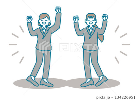 元気にガッツポーズをするパンツスーツのビジネスパーソンのイラスト 134220951