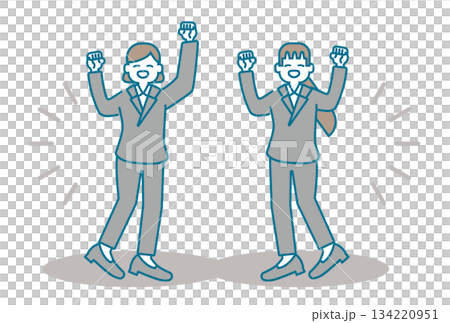 元気にガッツポーズをするパンツスーツのビジネスパーソンのイラスト 134220951