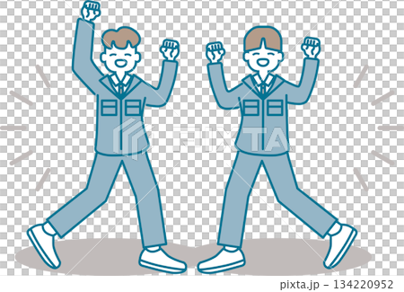 身穿工作服的男人們用力揮舞著拳頭。 134220952