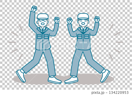 元気にガッツポーズをするヘルメットを被った作業服の男性たち 134220953
