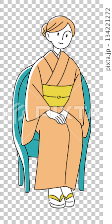 Illustration of a woman in a kimono sitting on a chair / Japanese clothing, Japanese culture, people material 134221272