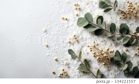Eucalyptus leaves and gold accents on snowy background 134221557