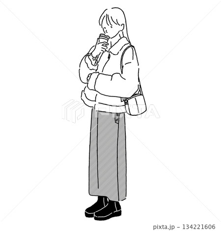 モノクロの冬カジュアルファッションイラスト　ムートンジャケットの女性とクレープ 134221606