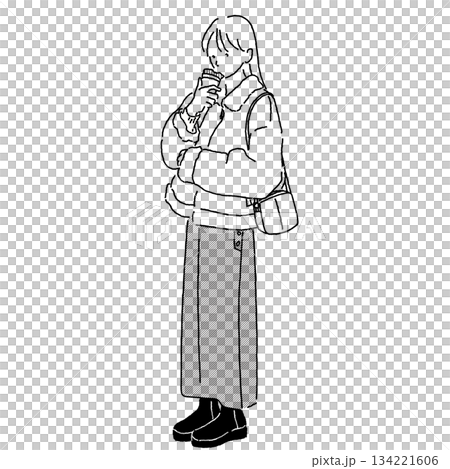 モノクロの冬カジュアルファッションイラスト　ムートンジャケットの女性とクレープ 134221606