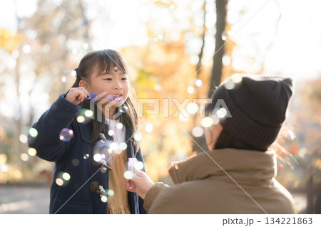シャボン玉を秋の公園で遊ぶ親子 若いお母さんとかわいい娘 シャボン玉を秋の公園で遊ぶ親子 若いお母さんとかわいい娘 134221863