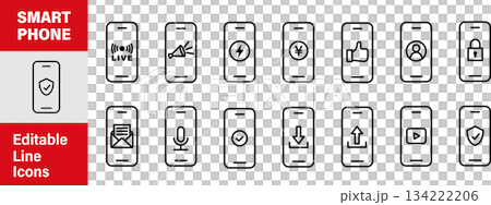 智慧型手機。可編輯的線條繪製圖像插圖圖示 1，代表智慧型手機和應用程式 134222206