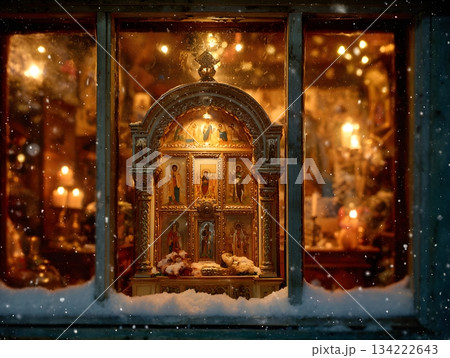 orthodox christmas cozy illuminated window warm light snow outside orthodox christmas cozy illuminated window warm light snow outside 134222643