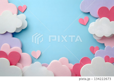Gentle pastel paper-cut clouds and hearts forming composition with message zone Gentle pastel paper-cut clouds and hearts forming composition with message zone 134222673