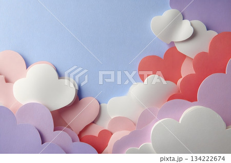 Gentle pastel paper-cut clouds and hearts forming composition with message zone 134222674
