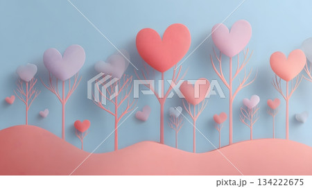 Soft minimalist paper-cut Valentine scenery with floating pastel hearts and blank area 134222675