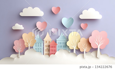 Soft minimalist paper-cut Valentine scenery with floating pastel hearts and blank area 134222676