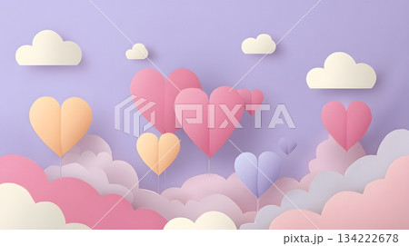 Soft minimalist paper-cut Valentine scenery with floating pastel hearts and blank area 134222678