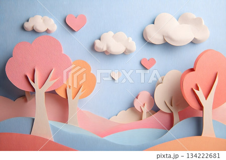 Cute pastel paper-cut valley with heart trees and blank sky 134222681