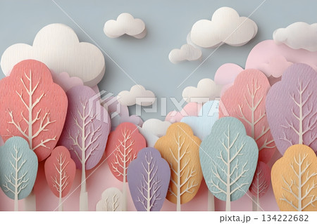 Cute pastel paper-cut valley with heart trees and blank sky 134222682