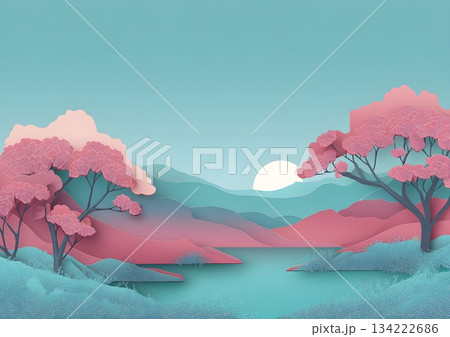 Pastel teal-pink paper-cut layered scenery with large blank area 134222686