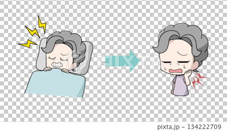 Illustration of an elderly woman whose jaw hurts due to teeth grinding Illustration of an elderly woman whose jaw hurts due to teeth grinding 134222709