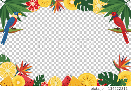 A vibrant summer frame of tropical birds, fruits and monstera 134222811