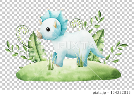 Cute dinosaur in tropical leaves. Watercolor hand drawn prehistoric triceratops animal. Isolated illustration on transparent background. Perfect for for nursery and baby shower, tropical design Cute dinosaur in tropical leaves. Watercolor hand drawn prehistoric triceratops animal. Isolated illustration on transparent background. Perfect for for nursery and baby shower, tropical design 134222815