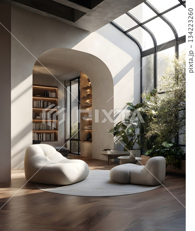 Soft harmony interior with natural materials and blank area 134223260