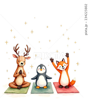 Cute Watercolor Animals Yoga Class featuring Reindeer Penguin and Fox on Exercise Mats with Golden Stars. 134223802
