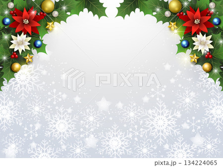 クリスマス背景、雪の結晶と星、銀色、キラキラ、かわいい、イラスト、横 134224065