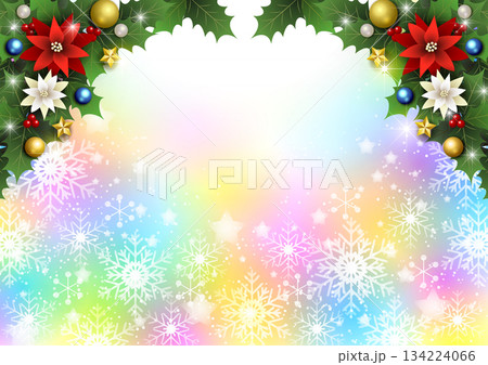 クリスマス背景、雪の結晶と星、虹色、キラキラ、かわいい、イラスト、横 134224066