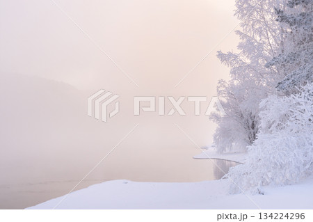The magical winter background of copy space is a frosty January winter morning on the river, tree branches in frost and snow. High quality photo The magical winter background of copy space is a frosty January winter morning on the river, tree branches in frost and snow. High quality photo 134224296